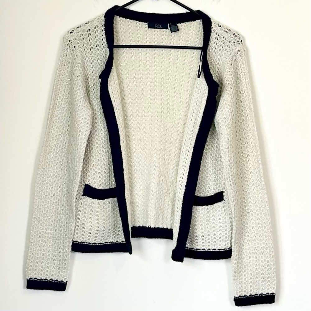 RDI White and Black Women's Open Front Knit Cardigan - Size: Medium